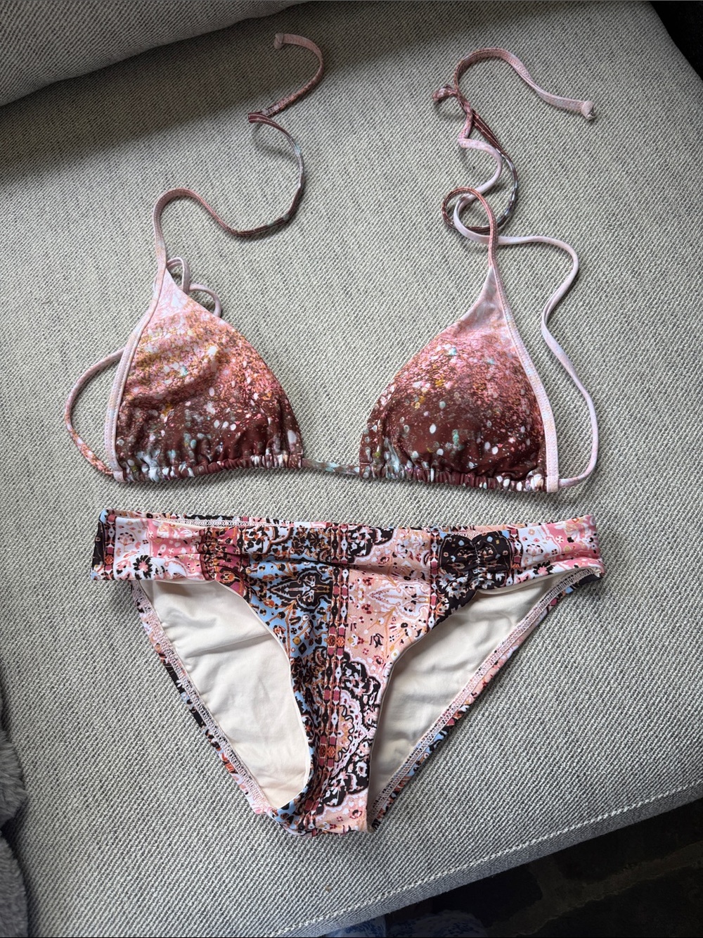 l*space Pink Shimmer Triangle Bikini Set with Patterned Bottoms